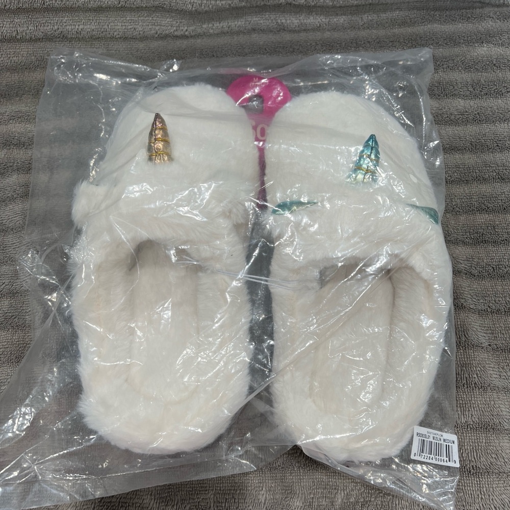 SO White Unicorn Slippers with Gold and Blue Accents